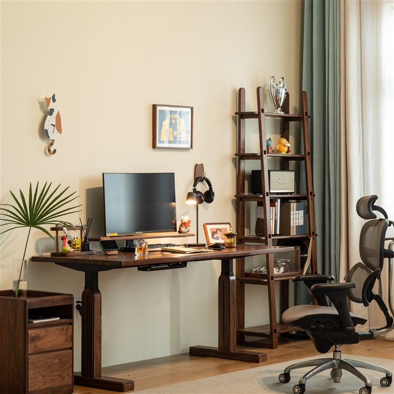 实木电动自动升降桌黑胡桃双电机居家办公电脑桌学习桌书桌电竞桌