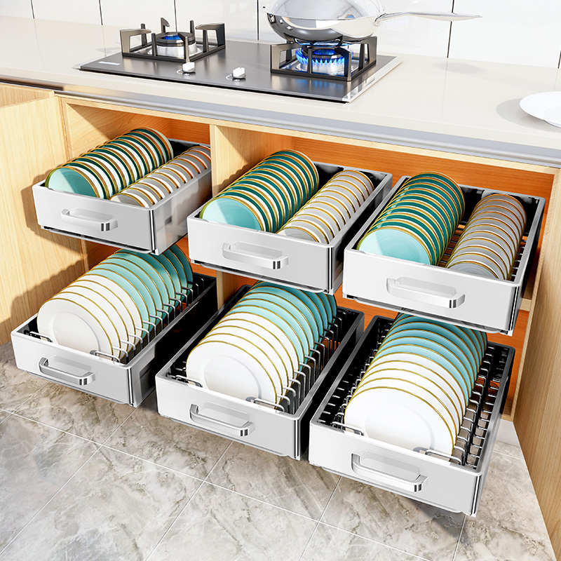 不锈钢抽拉碗碟架橱柜内置收纳碗盘置物架厨房免安装沥水放碗拉篮