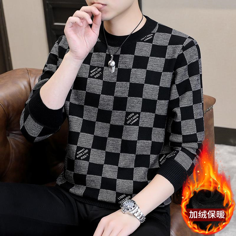 加绒加厚男士圆领厚棉T2023秋冬季休闲格子长袖T恤保暖打底衫上衣