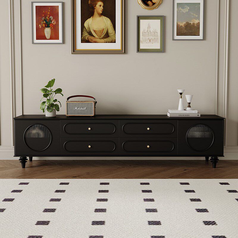 法式复古电视柜茶几组合客厅新款中古风黑色电视机柜家用实木地柜