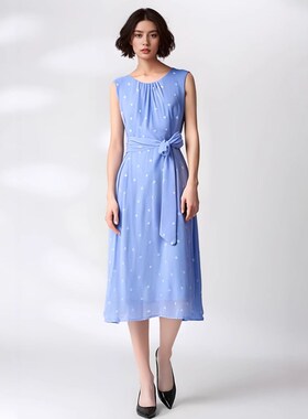 大码胖mm蓝色波点雪纺洋气七分袖连衣裙子女无袖2024新款春秋夏季