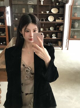 VASSE美蟹 黑色复古灯芯绒休闲西装外套女春小个子西服高级感上衣