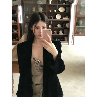 VASSE美蟹 黑色复古灯芯绒休闲西装外套女春小个子西服高级感上衣