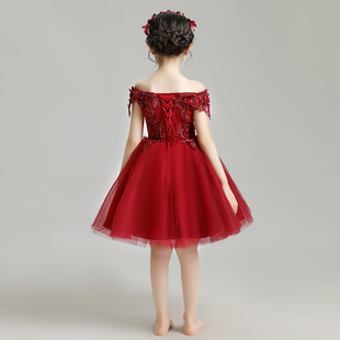 儿童礼服公主裙女童一字肩晚宴婚纱小花童婚礼裙蓬蓬纱主持人演出