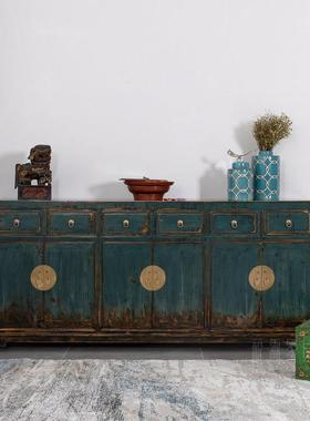 中式复古做旧储物柜实木餐边柜收纳柜玄关柜门厅柜孔雀蓝色做旧