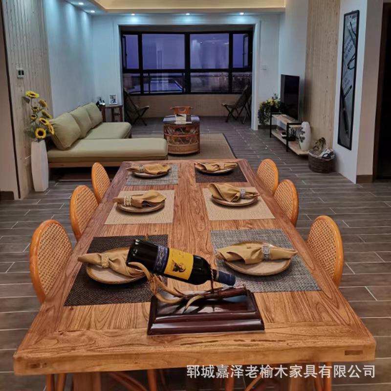 老榆木家用大型餐桌椅家具风化实木板长方形茶台待客茶桌吃饭桌子