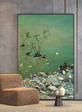 现代奢客厅玄关装轻饰画绿色边风景画景墙湖壁画大EM-2122背幅竖
