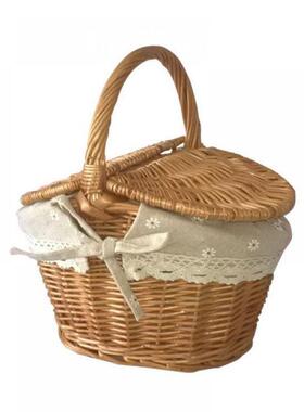 柳编IPB餐野篮手提编收纳篮手工编织藤购物篮时礼品篮复古带尚盖