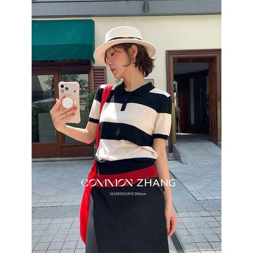 攸吉 CZZHANG韩系通勤翻领条纹针织衫女装秋季新款短袖上衣C35635