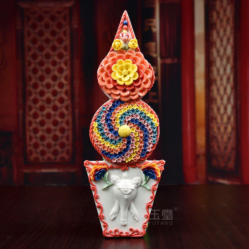 戴玉堂陶瓷工艺品瓷器藏传密法觉安钦巴八供朵玛食子/酥油花摆件