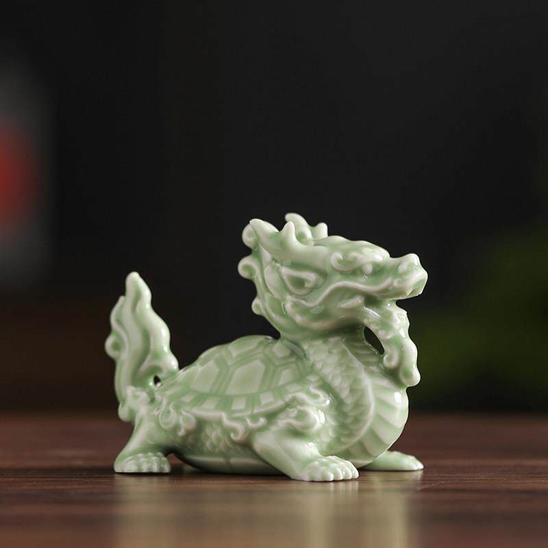 陶龙瓷龟件招财龙头龟办公室玄关桌摆件中式Y18177家居摆装饰小面