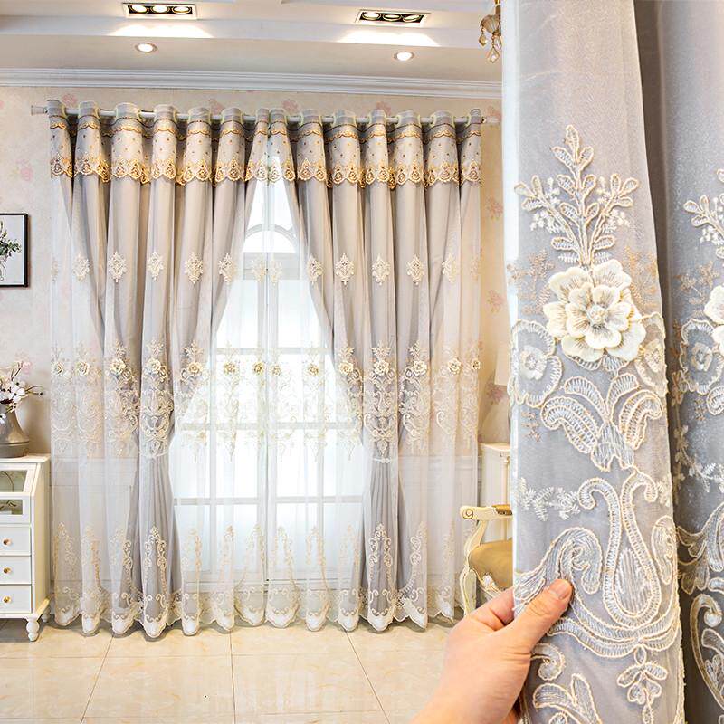 2022新款简约欧式高档大气客厅双层遮光绣花布纱一体窗帘卧室浮雕