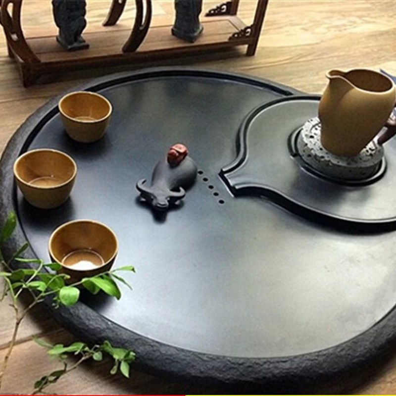 乌金石茶盘圆形磨盘石材排水家用新中式椭圆茶海简约大号石磨茶台