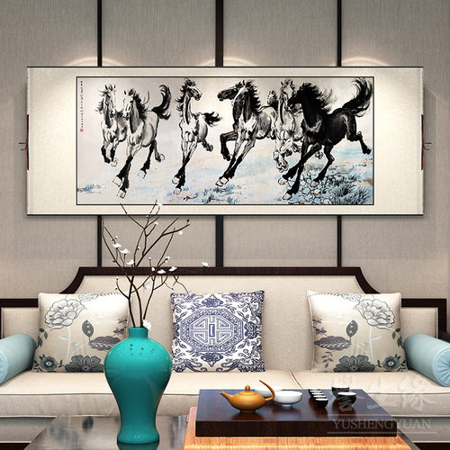 徐悲鸿八骏图新中式卷轴挂画客厅装饰画饭厅书房沙发背景墙壁画马