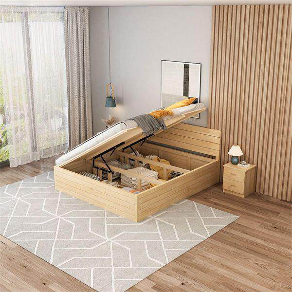 榻榻米地台松木床气压现代简约床实木箱储物高低硬板床单双人床