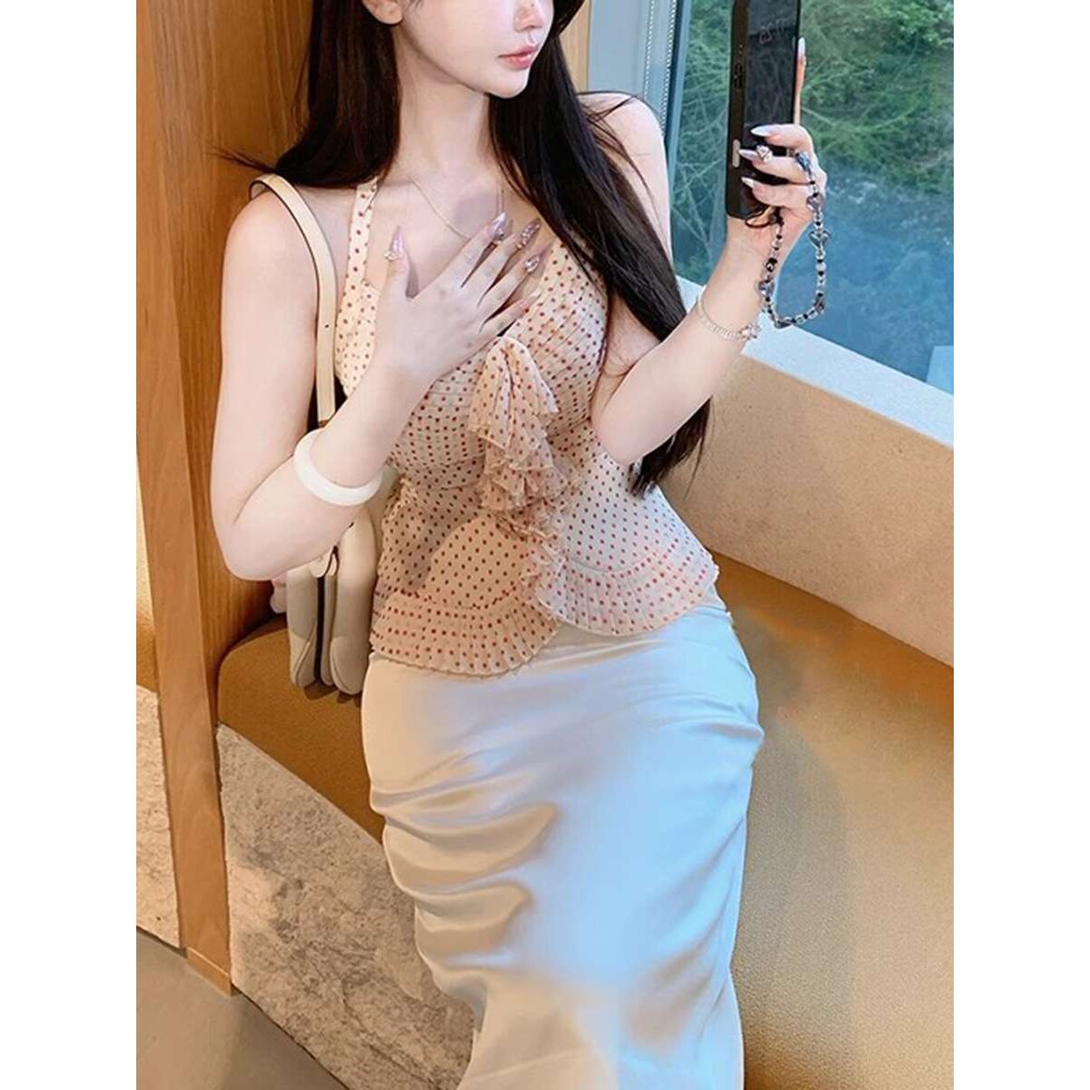现货中古香香挂脖耶 波点吊带挂脖背心/蕾丝花边半身短裙