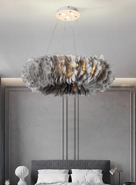 网卧室灯现代简约大气i38773ns奶欧油客厅主灯北温馨浪漫风羽毛红