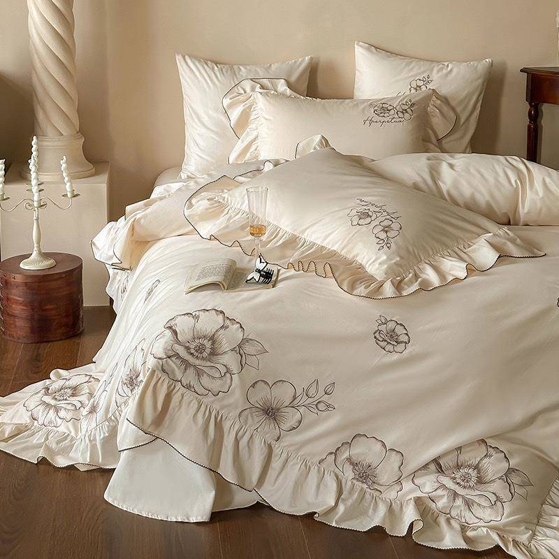 法式复古100支全棉磨毛四件套 秋冬季纯棉刺绣荷叶边被套床单床笠