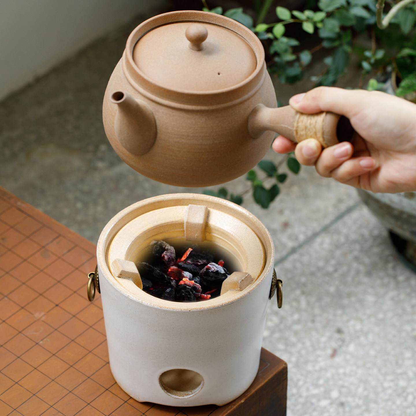 老岩泥煮茶壶套装侧把手工砂铫壶围炉煮茶白色炭炉大容量陶壶