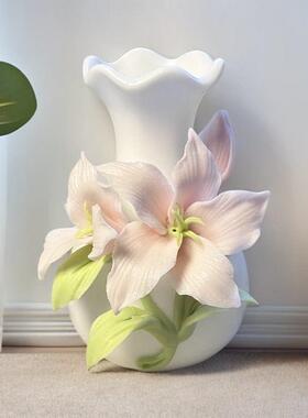 创意手工捏花百合花陶瓷花瓶摆件客厅插花装饰品家居桌面摆件
