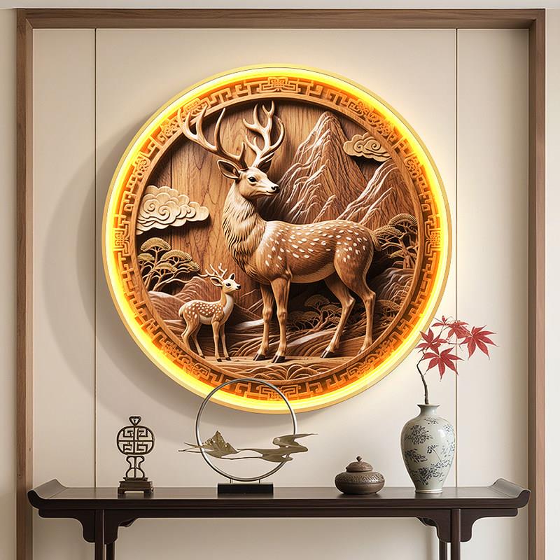 福鹿双全玄关装饰画新中式迎客松圆形茶室挂画立体浮雕入户壁画灯图片