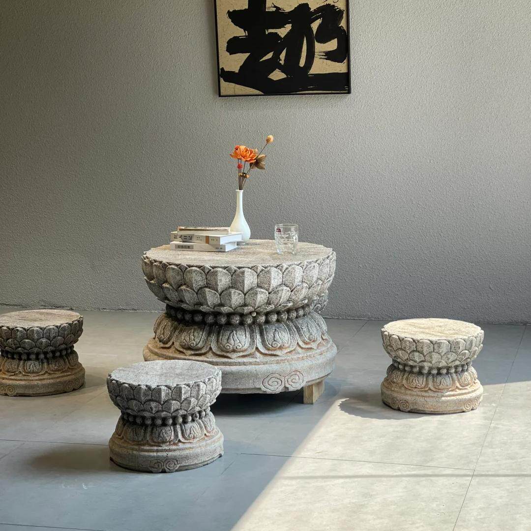 石雕莲花座石桌石凳须弥座中式复古石柱墩盆景石墩青石莲花底座