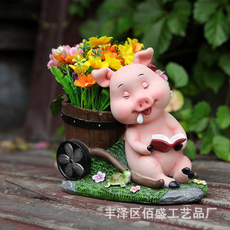 庭院花园装饰工艺品摆件可爱小猪花盆创意办公室桌面收纳树脂笔筒