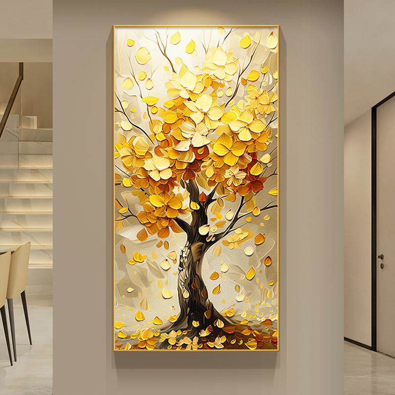 发财树入户玄关装饰画竖版现代轻奢走廊过道挂画高档大气客厅壁画