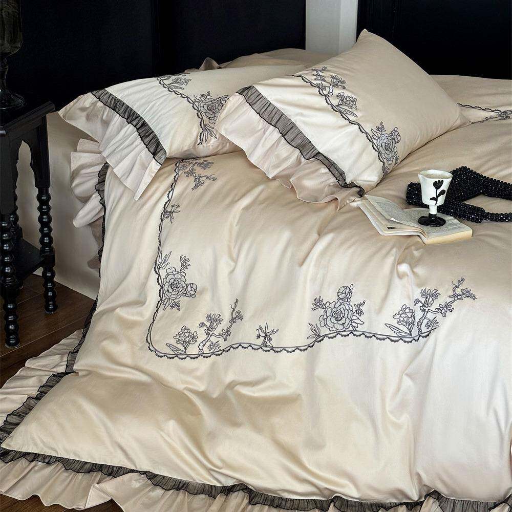 轻奢法式澳棉四件套全棉植物花卉刺绣荷叶花边被套床上用品