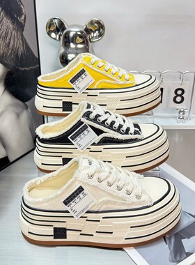 包头半拖鞋女外穿超火一脚蹬女鞋厚底夏季黄色帆布鞋无后跟懒人鞋