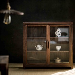 黑胡桃木茶具收纳柜 小斗柜茶具壶杯展示柜 茶道工具收纳箱 侘寂