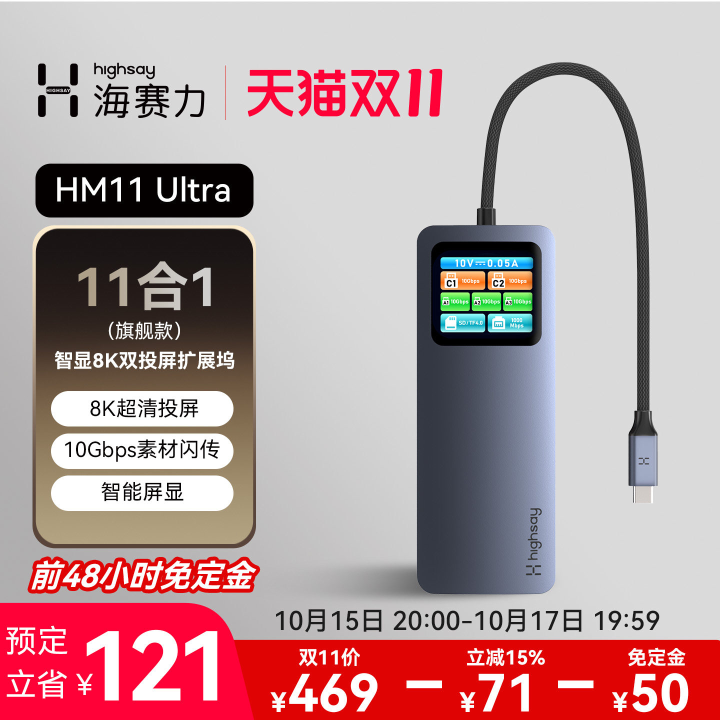 HIGHSAY海赛力HM11 Ultra智能屏显8K双投屏扩展坞hdmi超清拓展10Gbps手机游戏本苹果电脑macbook快充转换器