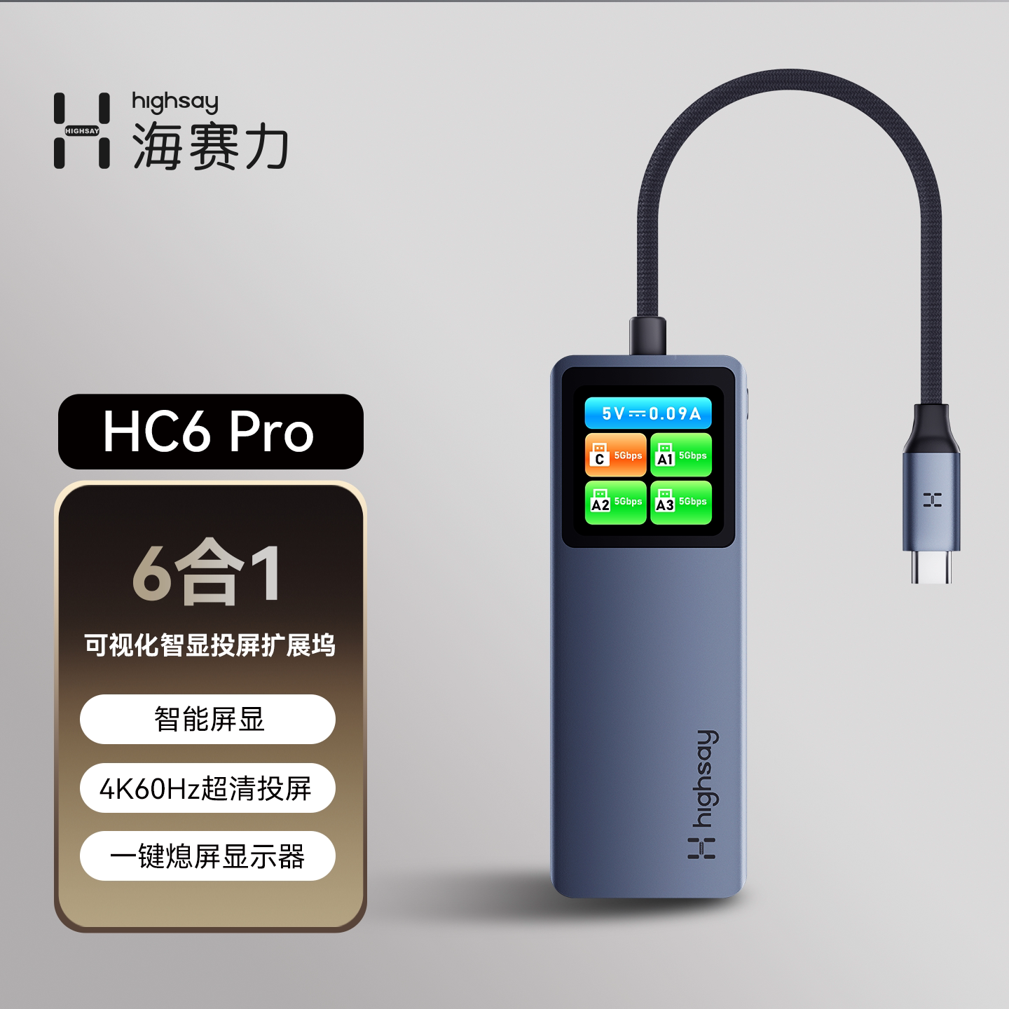 HIGHSAY海赛力HC6 Pro6合1智显扩展坞Typec笔记本Macbook拓展Mac电脑hdmi投屏usb多接口分线器苹果电脑转接头