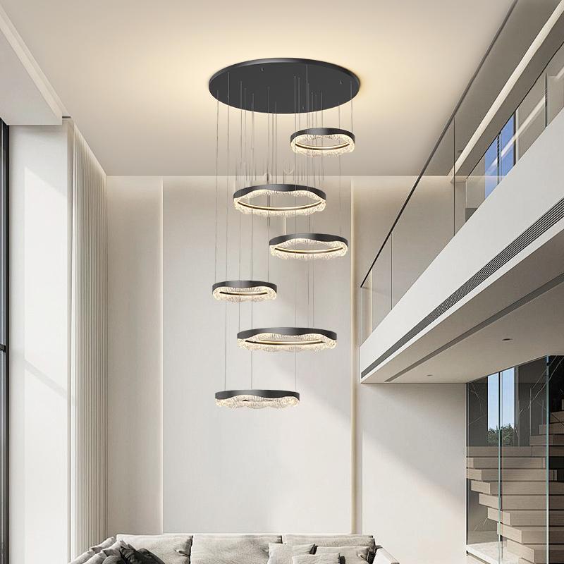 复式楼大吊灯意式极简别墅挑高客厅长吊灯全光谱护眼环形楼梯吊灯