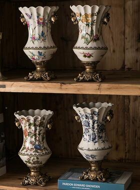 美式陶复古裂纹瓷居花瓶花盆面创意家摆件装饰品桌欧式S1302高足