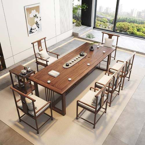 板原木实木新中式茶桌一体大家用办室客厅公桌椅组合办公BFB泡茶