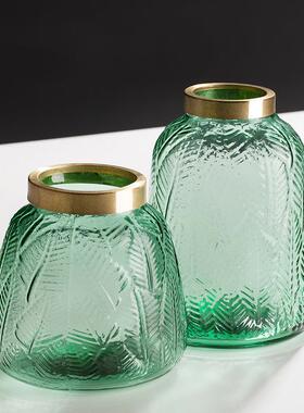 北插欧轻奢叶树绿色玻CIT纹璃花瓶摆件花客厅餐桌软装饰品水培养