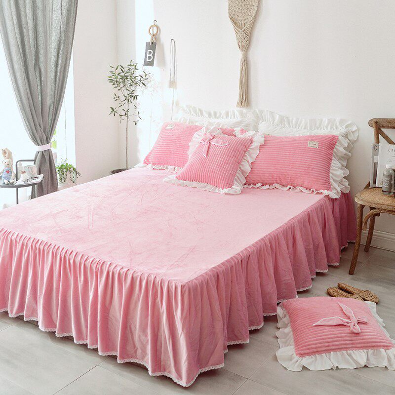韩式水晶绒床裙罩单件冬天保暖纯色防滑法莱绒裙式床单三件套定制