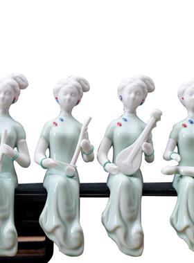 精品青瓷手工仕女陶瓷禅意博古架家居摆件电视柜装饰品小中式人物