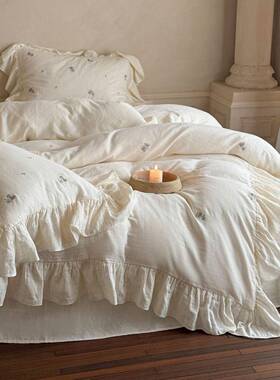法式公主风全棉双层皱皱纱柔软四件套四季床单刺绣荷叶边被套床品