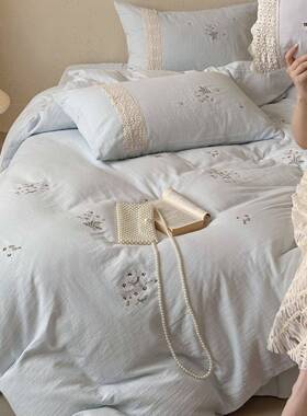 法式全棉皱皱纱精致刺绣四件套纯棉被套打褶花边被套床单1.8床品