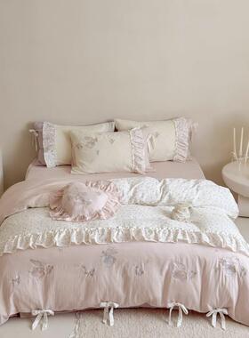 法式公主风少女心全棉超柔云雾纱数码印花刺绣床上用品四件套被套