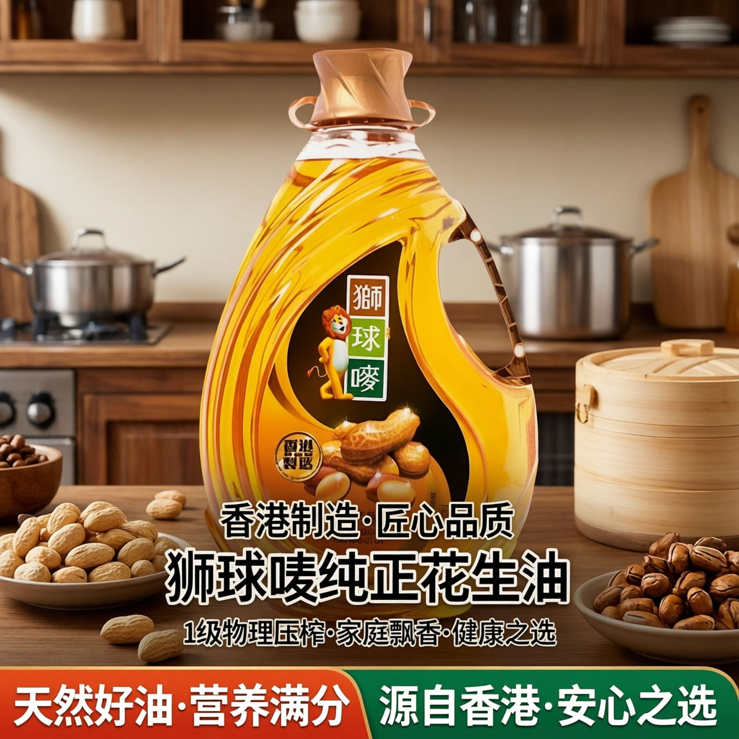香港制造进口狮球唛花生油2L/5L1级物理压榨家庭飘香食用油大瓶装