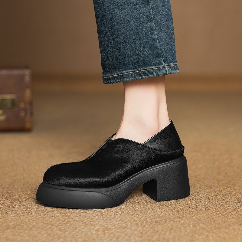 2025春新款真皮厚底马毛拼色小皮鞋女粗跟松糕底圆头豹纹懒人单鞋,女鞋,深口单鞋,淘宝优惠券,粉丝福利购,淘宝优惠卷