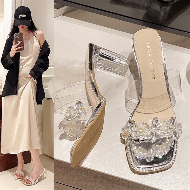 2024年夏季新款露趾水钻凉拖外穿法式一字高跟鞋女透明粗跟水晶鞋,女鞋,一字拖,淘宝优惠券,粉丝福利购,淘宝优惠卷