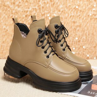 红青蜓皮鞋女英伦风马丁靴显脚小2024新款秋冬加绒短靴粗跟厚底黑