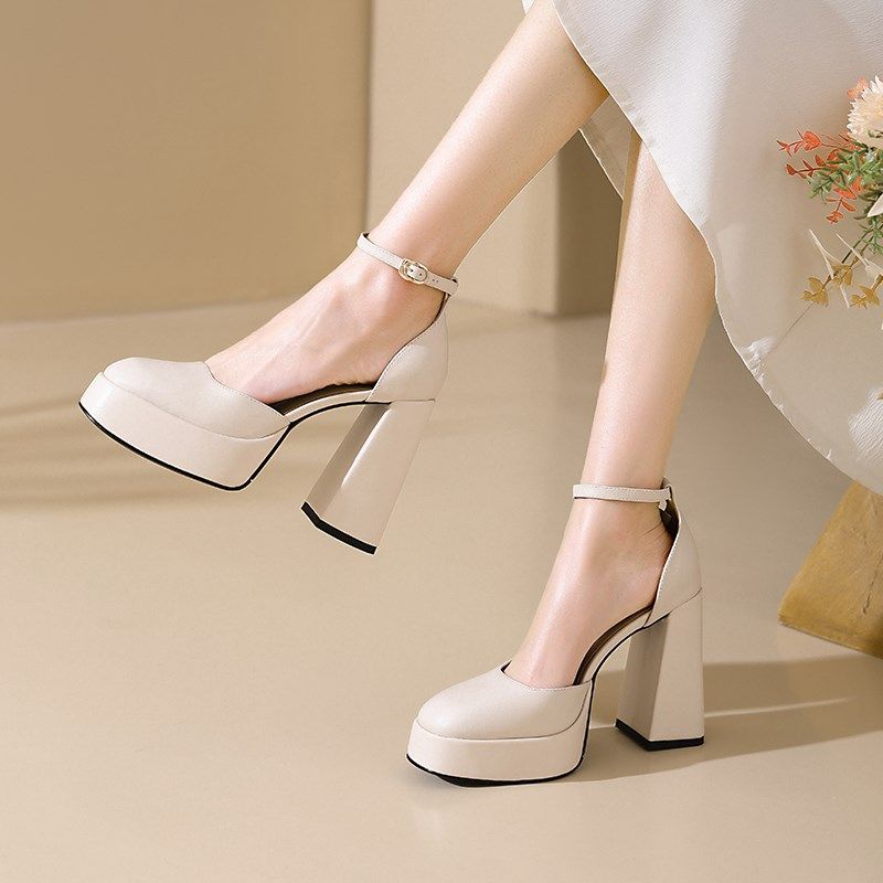 中空粗跟凉鞋女夏季新款小个子防水台米色高跟鞋平时可穿婚纱婚鞋,女鞋,时装凉鞋,淘宝优惠券,粉丝福利购,淘宝优惠卷