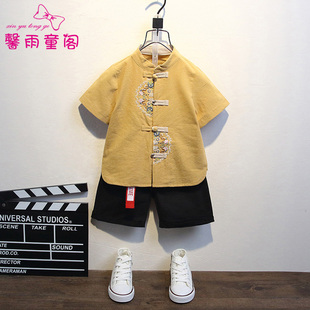 儿童六一演出服中国风短袖 男童汉服夏装 复古棉麻套装 薄款 宝宝唐装