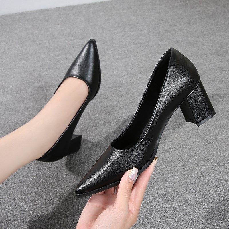 工作鞋女2024新款黑色尖头皮鞋粗跟中跟高跟软底上班职业舒适单鞋,女鞋,浅口单鞋,淘宝优惠券,粉丝福利购,淘宝优惠卷