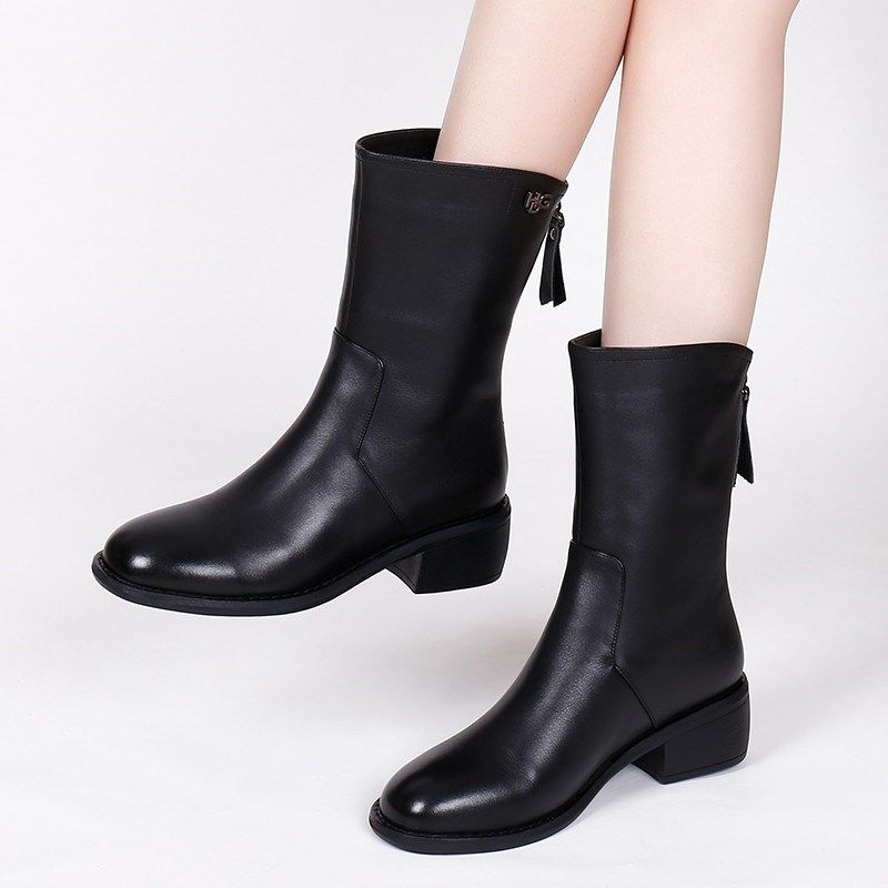 真皮粗跟短靴女2023秋冬季新款方头中筒靴后拉链中跟女靴子马丁靴,女鞋,时装靴,淘宝优惠券,粉丝福利购,淘宝优惠卷